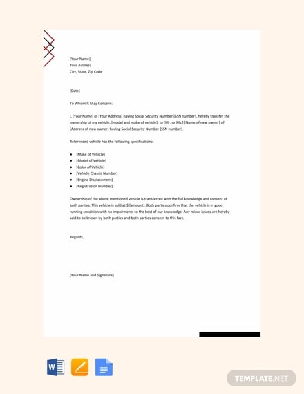 free vehicle ownership transfer letter 440x570