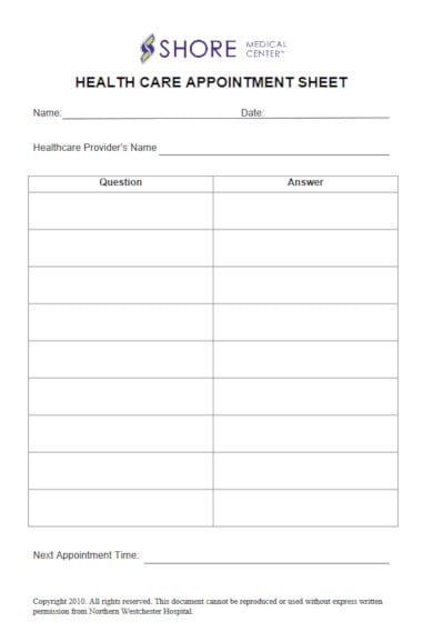 healthcare appointment sheet template