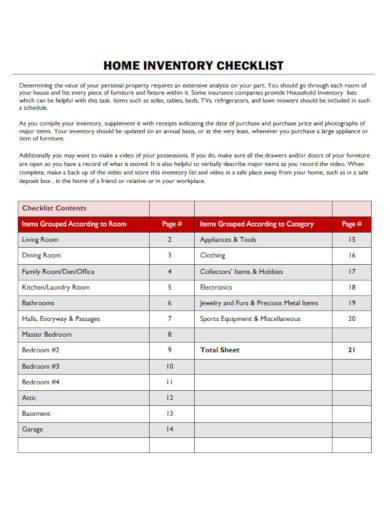 home inventory checklist example