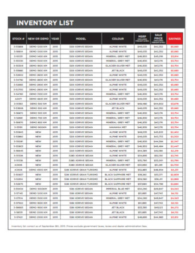 example of inventory list