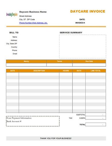 samples of invoices for payment for childcare