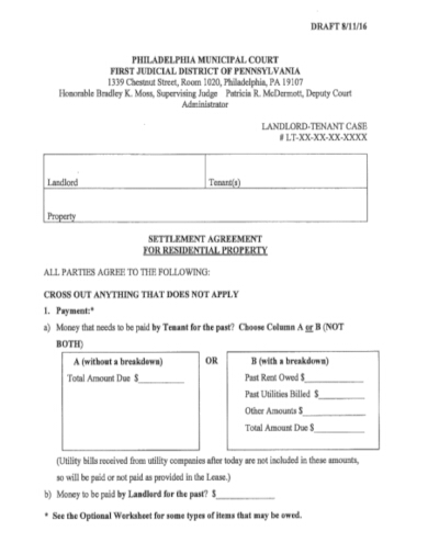 landlord tenant settlement agreement example for residential property