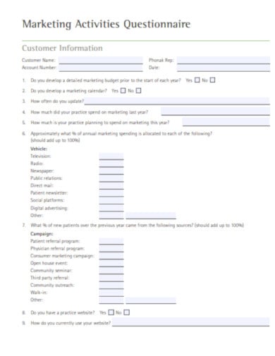 marketing activities questionnaire template