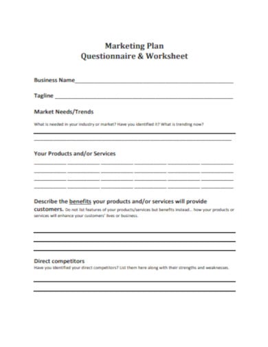 marketing plan questionnaire template