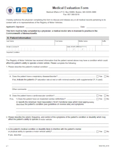 medical evaluation form for operation of motor vehicles