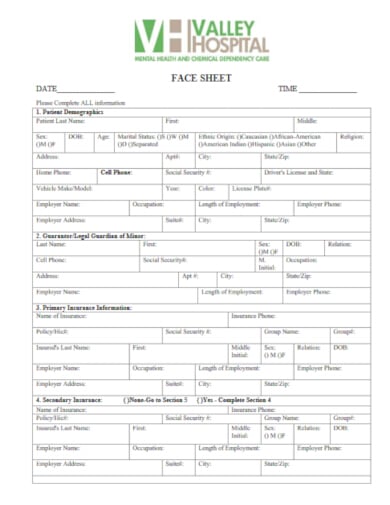 medical face sheet for mental health and chemical dependency