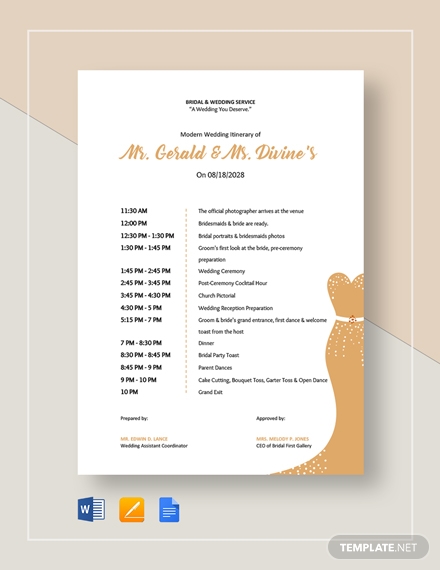 8+ Wedding Itinerary Templates - Google Docs, MS Word, Apple Pages ...