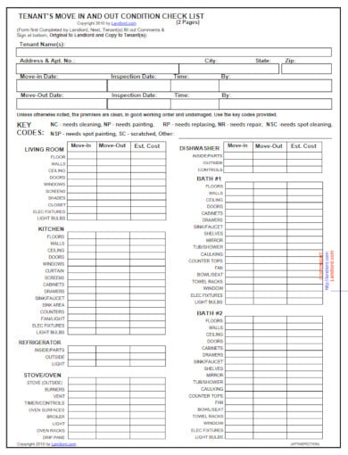 move out condition tenant check out form template