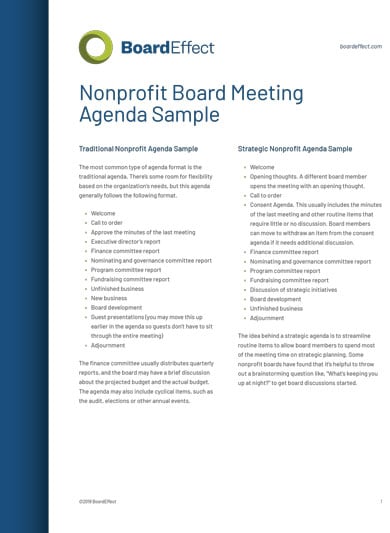 non profit board meeting agenda example