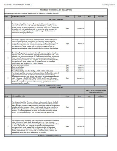 painting bill of quantities example