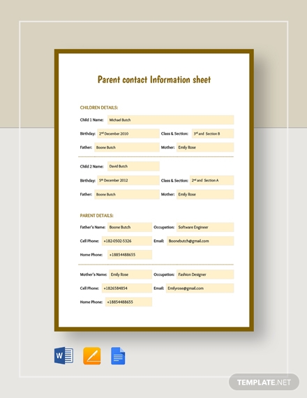 parent contact information sheet template