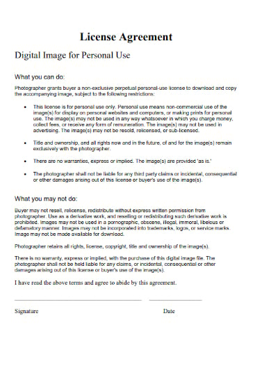 photography digital image for personal use license agreement