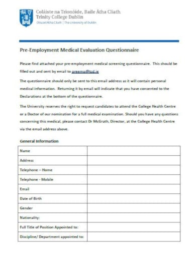 pre employment medical evaluation questionnaire