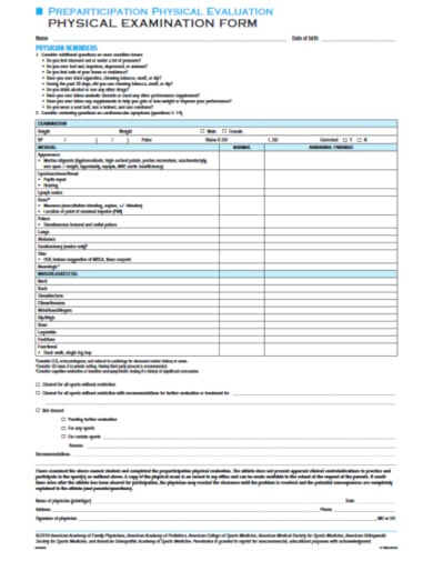 pre participation medical evaluation form