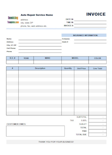 professional auto repair invoice template