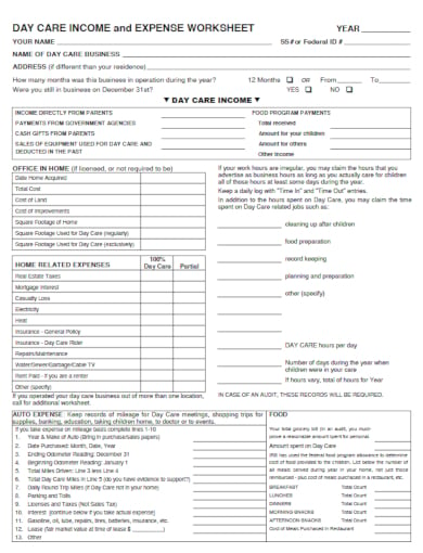 professional day care income and expense worksheet