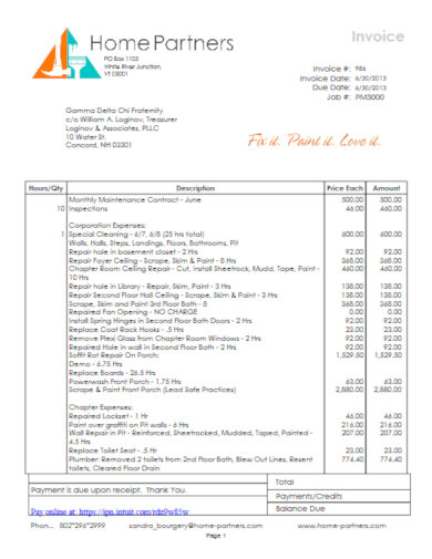 Home repair invoice template