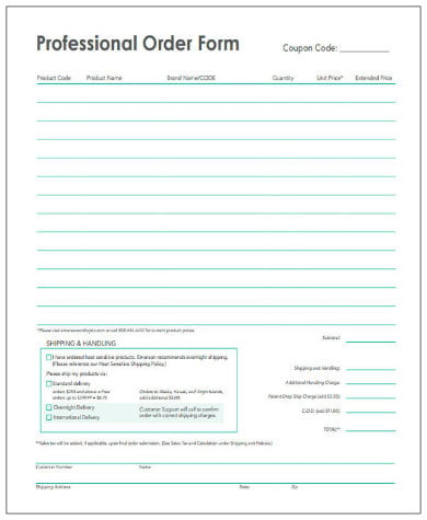 professional product order form