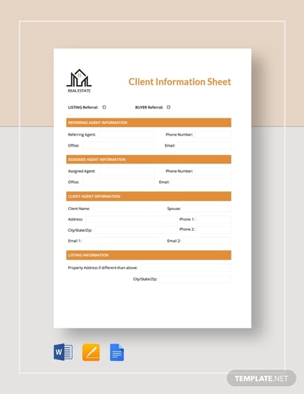 real estate client information sheet template
