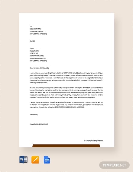 rental reference letter from employer