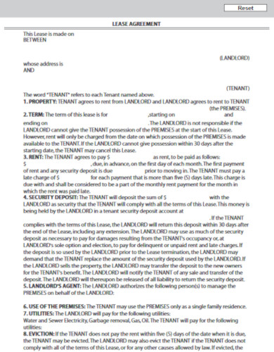 residential tenant lease agreement template
