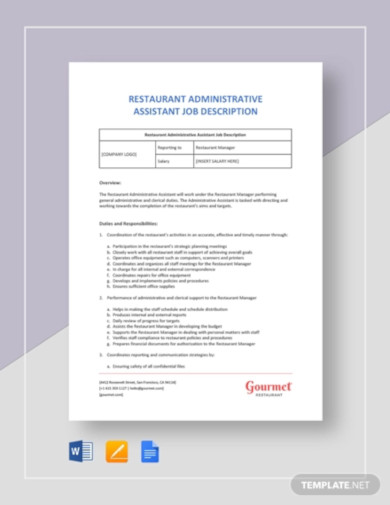 restaurant administrative assistant job description template