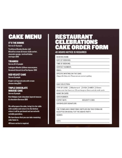 restaurant cake order form template