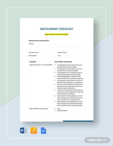 restaurant checklist template