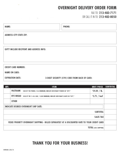 restaurant delivery order form template
