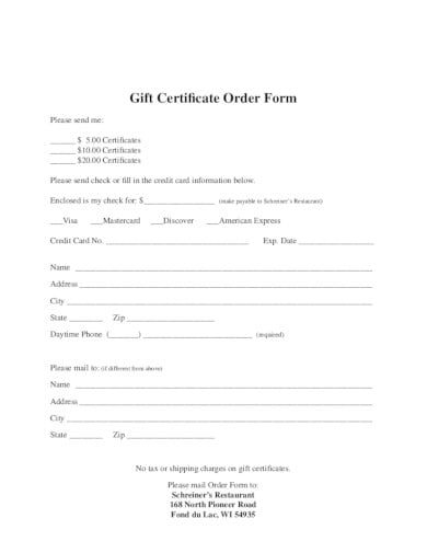 restaurant gift certificate order form
