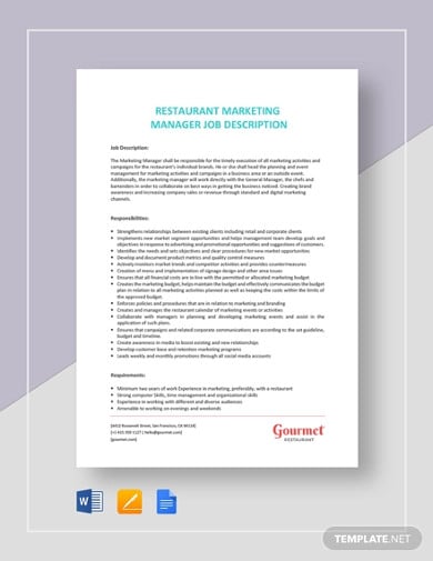 restaurant marketing manager job description template