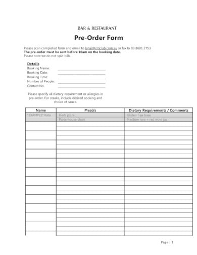 restaurant order form example