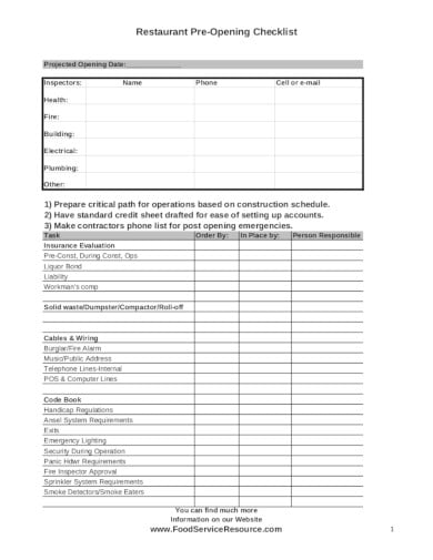 restaurant pre opening checklist in pdf