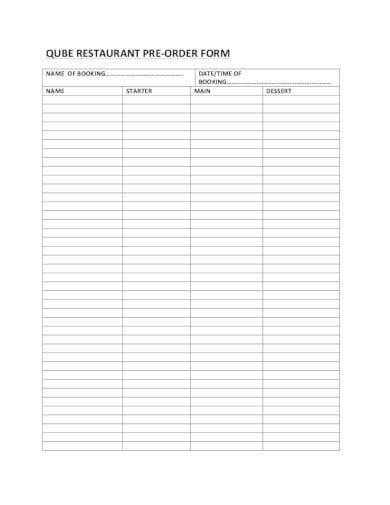 restaurant pre order form in pdf