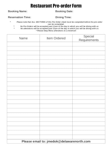 restaurant pre order form template