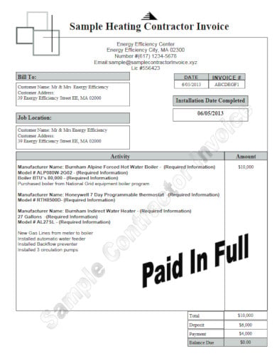 sample heating contractor invoice template