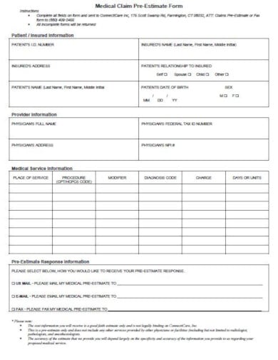 sample medical pre estimation form template