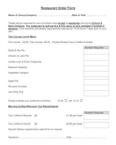 sample restaurant order form template