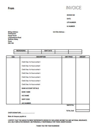 self employed chef invoice