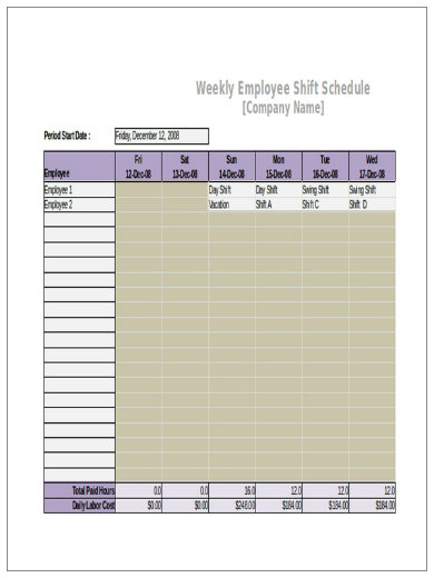 simple employee weekly shift schedule template