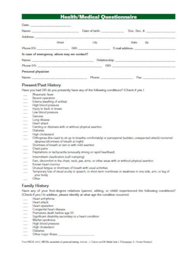 simple medical questionnaire format