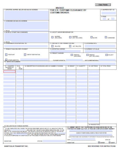 simple us customs export invoice template