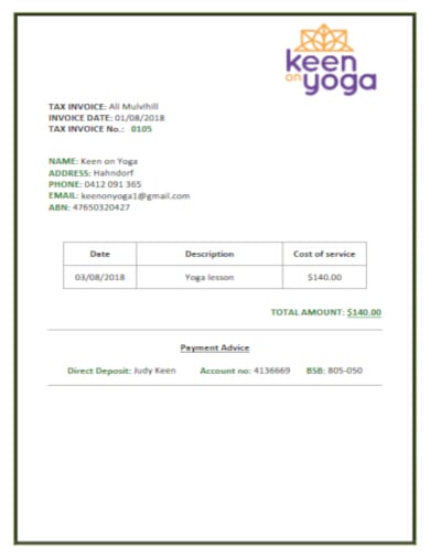 simple yoga invoice template