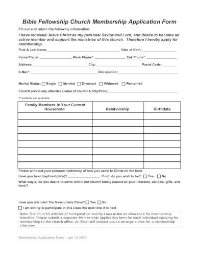 standard church membership application form