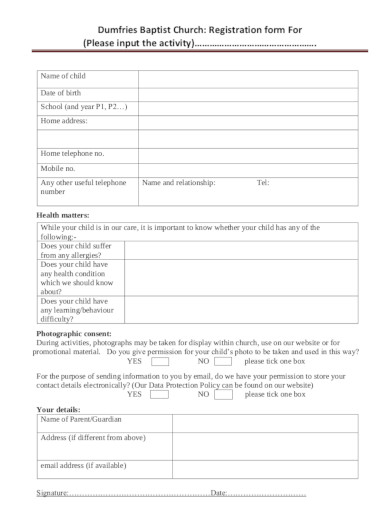 standard church registration form