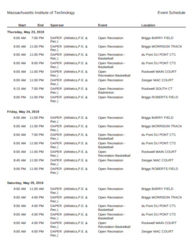 standard event schedule template