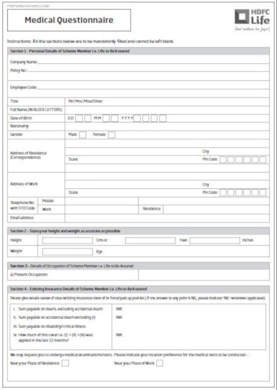 standard medical questionnaire format