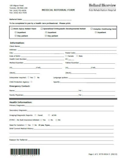 Medical Referral Forms Template Database