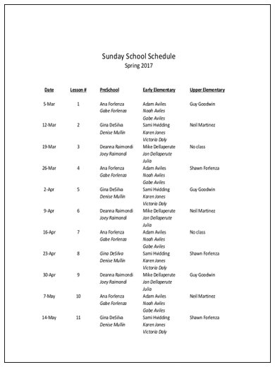 sunday school schedule sample