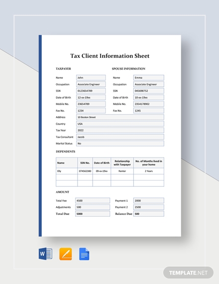 tax client information sheet template